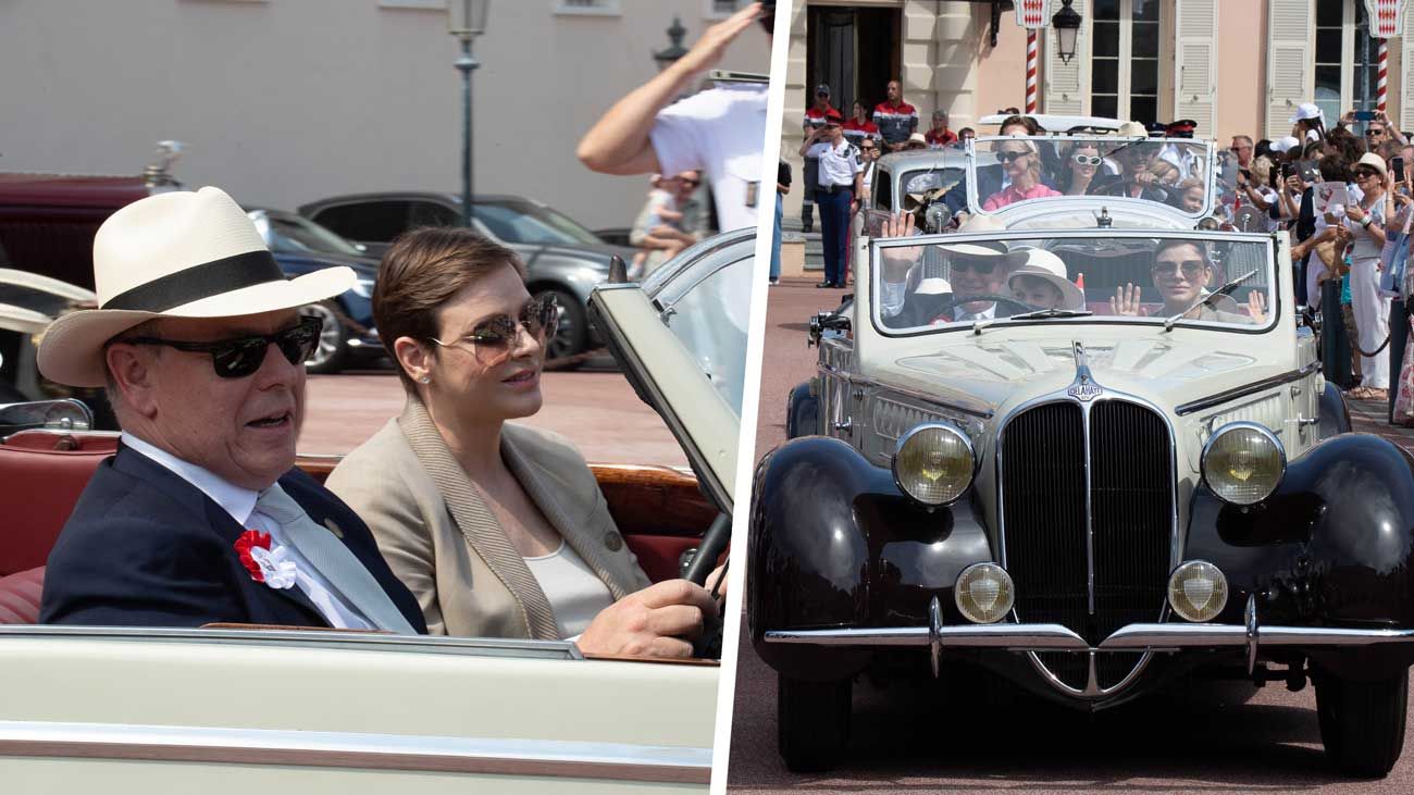 Albert II, Caroline et Stéphanie défilent à bord de voitures anciennes dans les rues de Monaco pour le centenaire du prince Rainier III