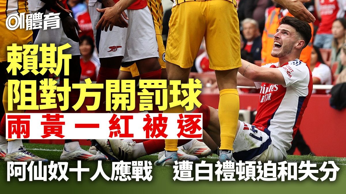 英超｜阿仙奴十人應戰遭白禮頓追平1：1 賴斯兩黃一紅被逐