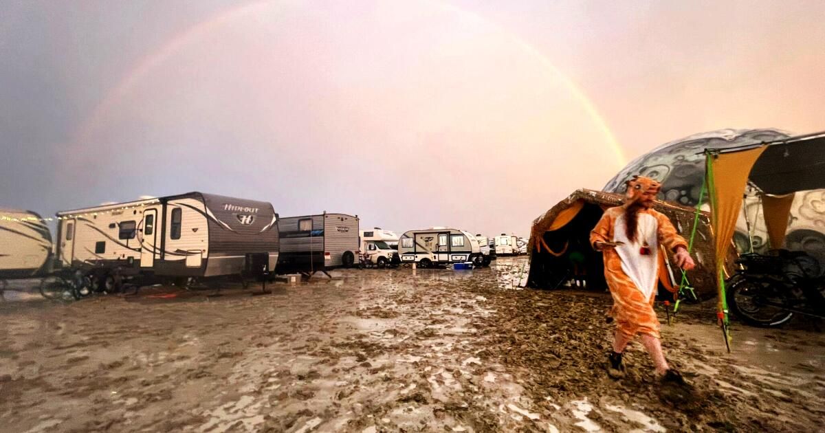 Tens of thousands of Burning Man festival-goers told to shelter in place after rain swamps grounds