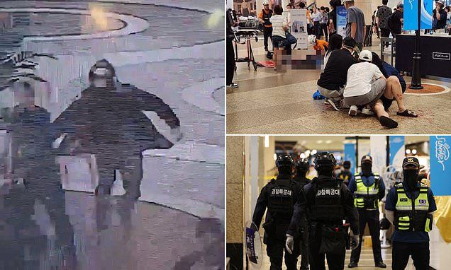 Horrifying moment knifeman chases screaming shoppers across mall in deadly stabbing rampage after ramming his car into victims in South Korea: One killed and 13 injured as suspect arrested