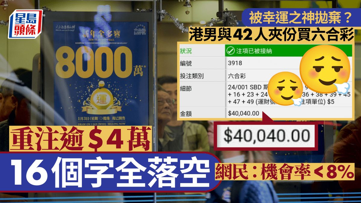 新年金多寶︱港男與42友人夾份買六合彩 花逾$4萬買16個字全部落空