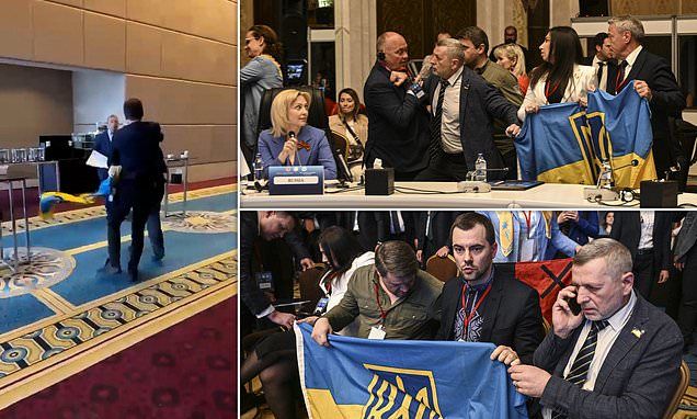 Fist fight between Ukrainian and Russian delegates after the latter tore away invaded country's flag