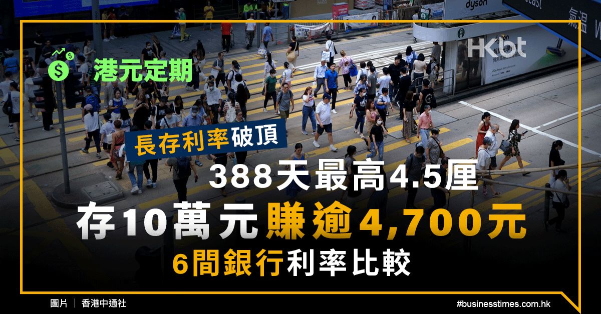 港元定期｜長存利率破頂！388天達4.5厘、存10萬元賺逾4,700元