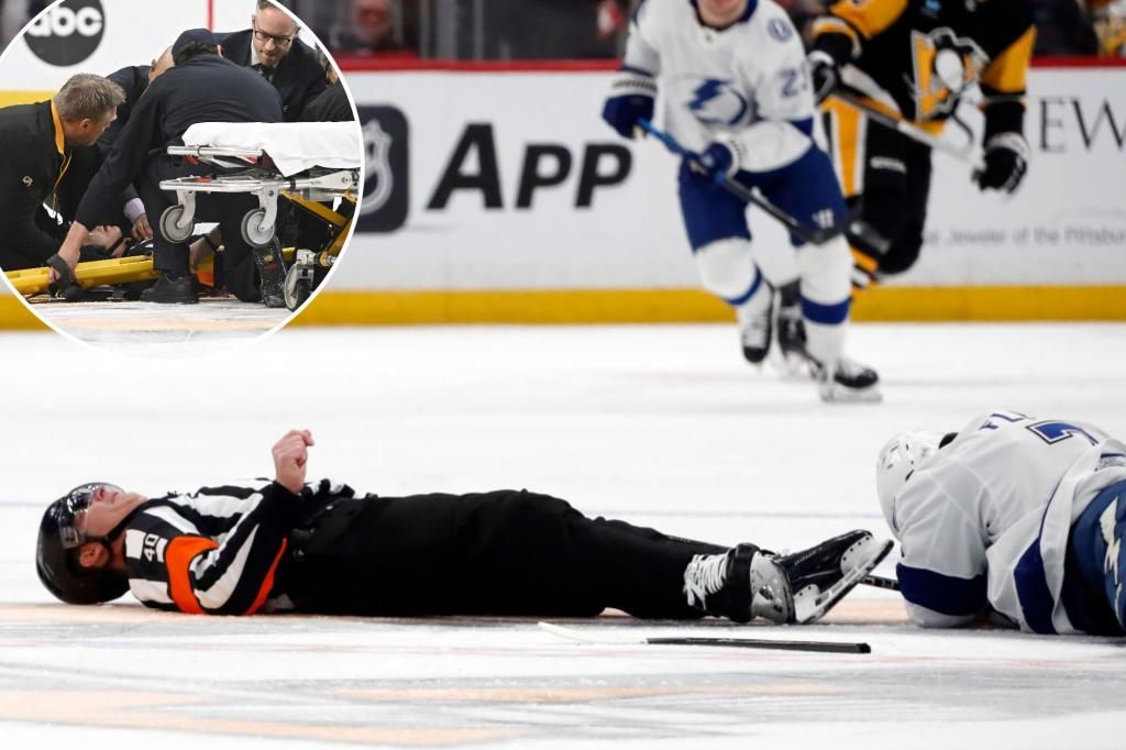 NHL referee stretchered off ice in ‘scary moment’ during Penguins-Lightning game