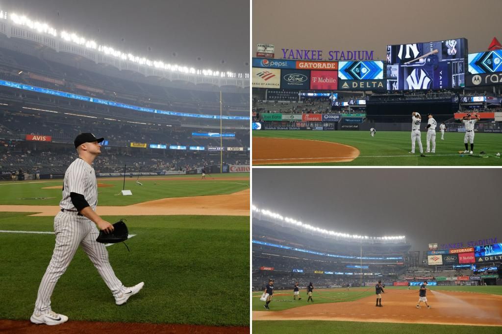 Yankee Stadium surrounded by haze from Canadian wildfires