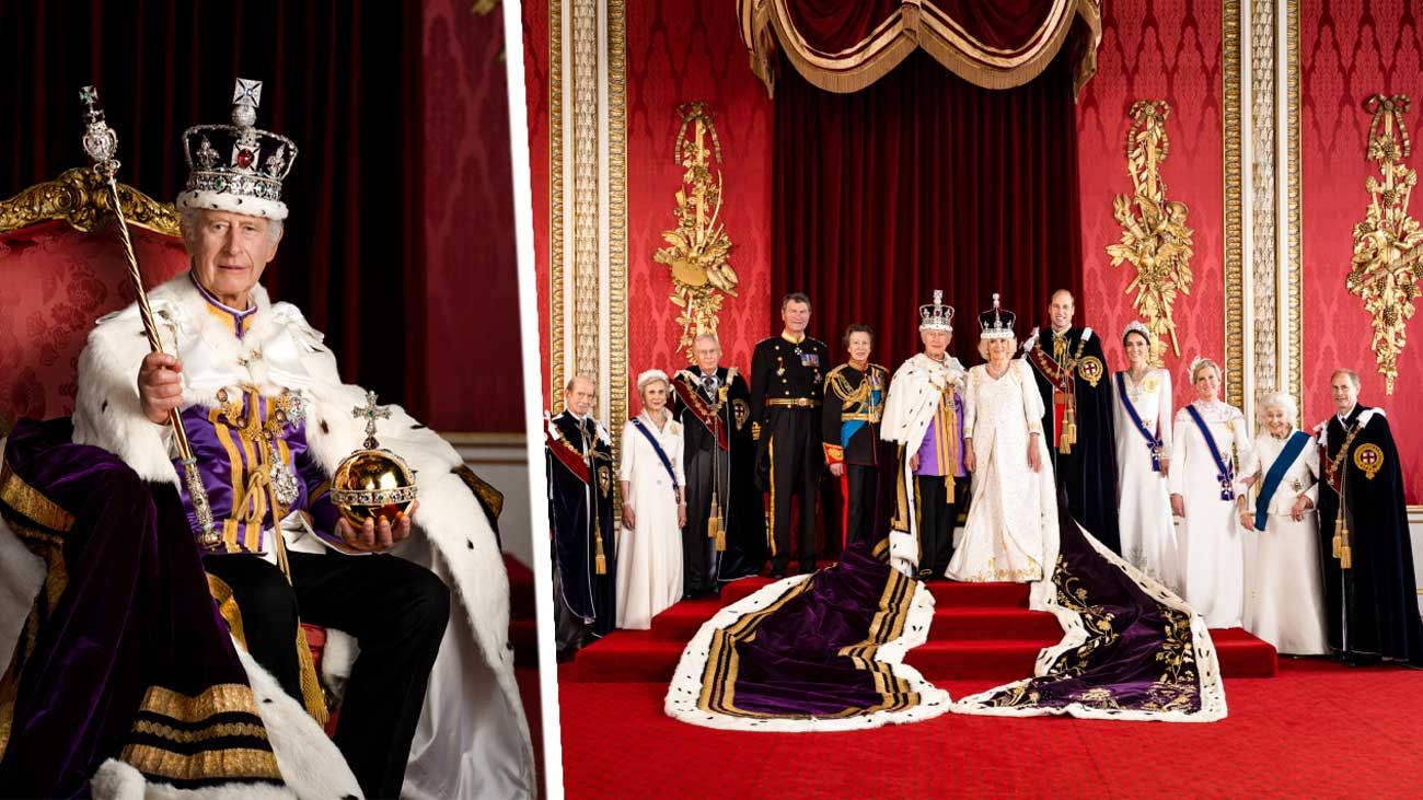 Portraits officiels du roi Charles III et de la reine Camilla couronnés portant les regalia aux côtés des membres de la famille royale