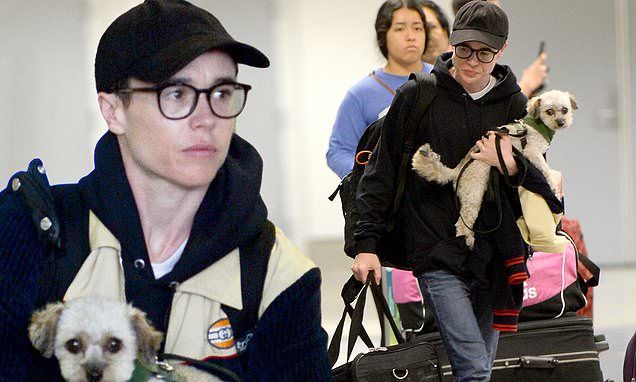 Elliot Page arrives at LAX with his dog Mo amid a number of revelations in new memoir Pageboy