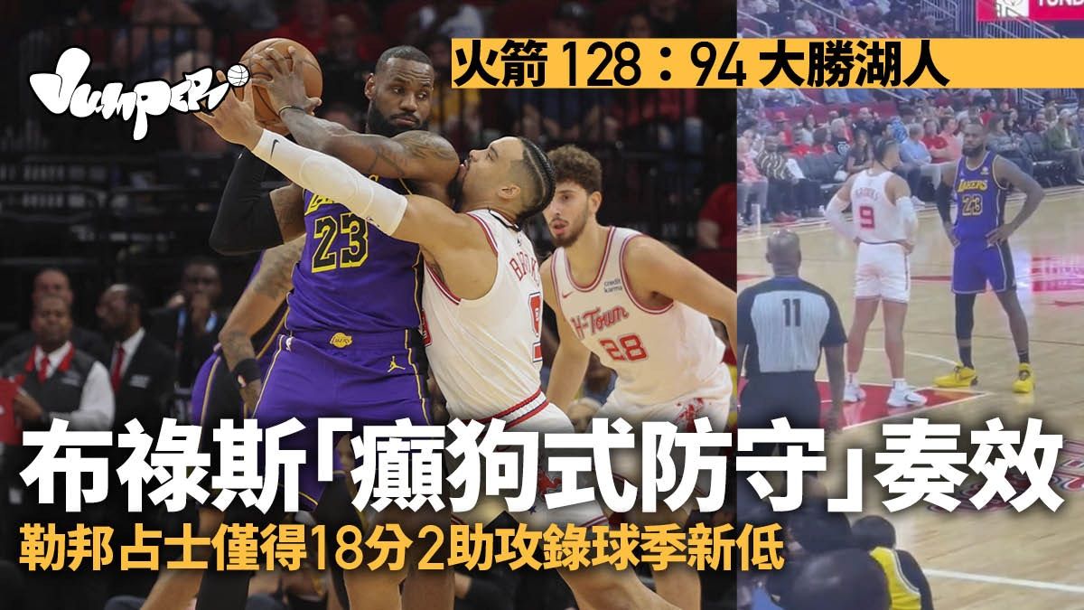 NBA｜湖人慘負火箭34分 勒邦占士遭嚴防兩項數據創今季最差