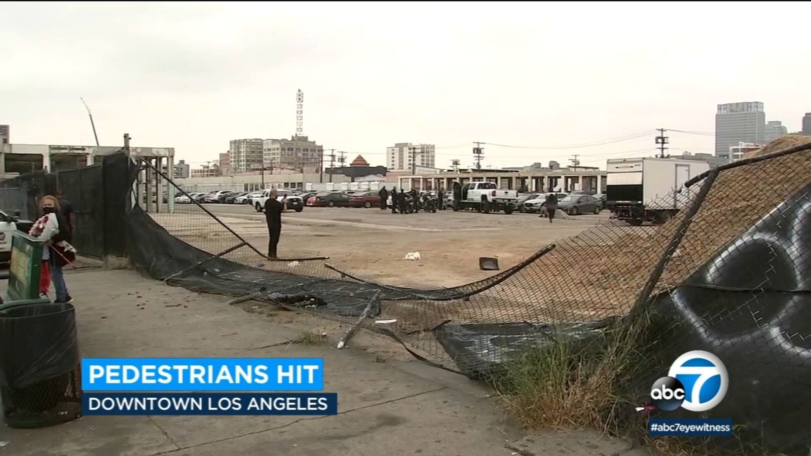 2 pedestrians critically injured when pickup truck jumps curb, slams into bus stop in downtown LA