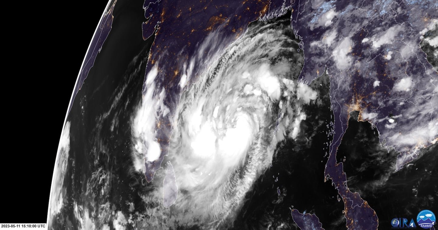 Cyclone Mocha forming in the Bay of Bengal, with a disastrous landfall likely