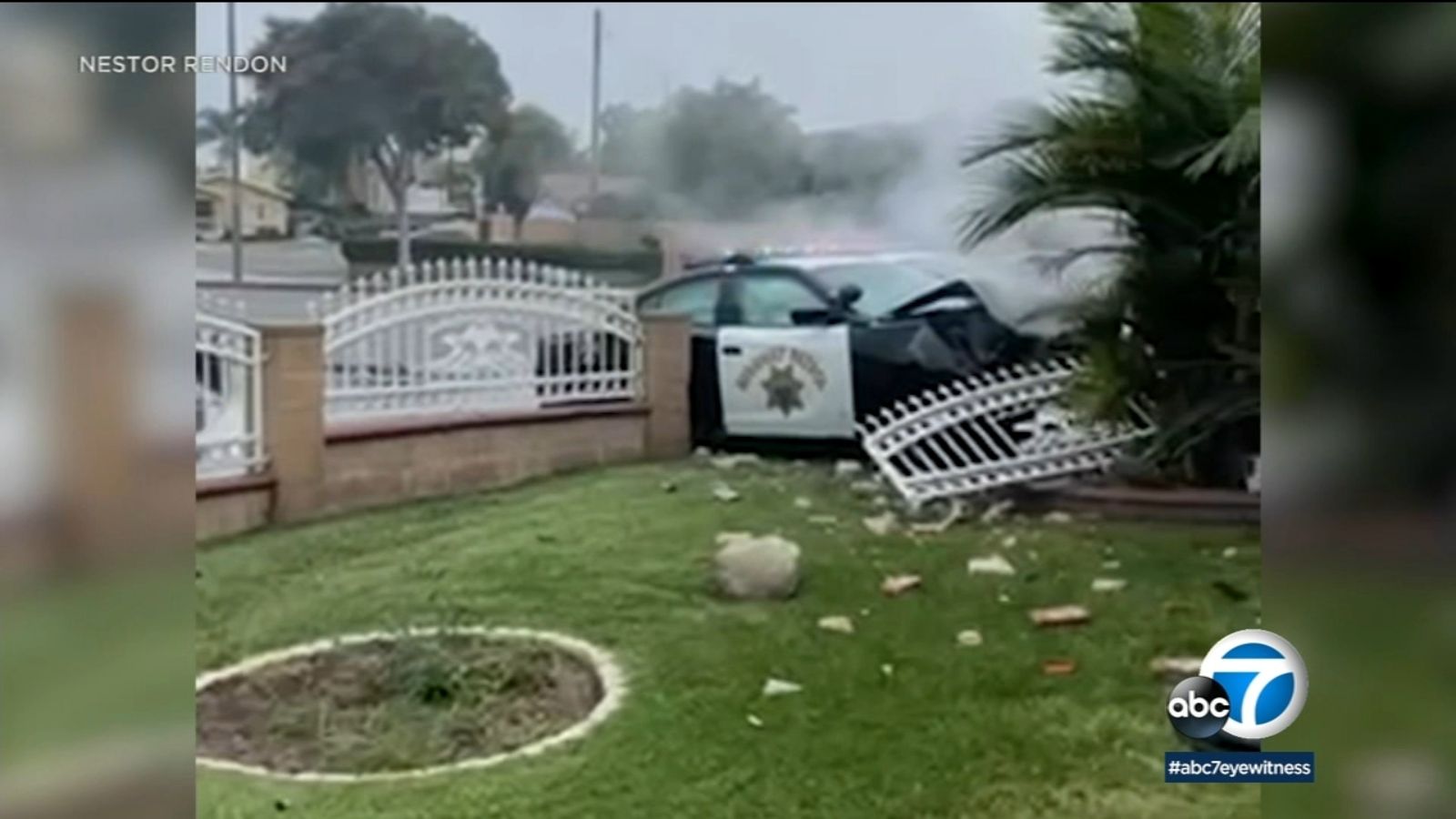 CHP patrol cars crash during chase, sending 1 civilian to hospital and damaging nearby home