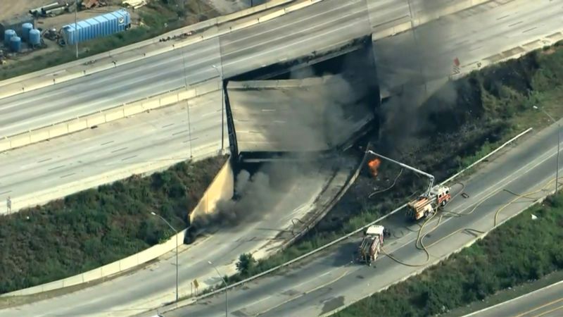 Section of northbound I-95 collapses in Philadelphia after tanker truck catches fire underneath highway