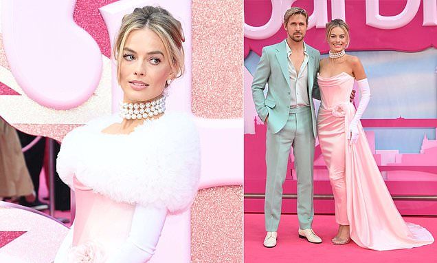 Margot Robbie stuns in a tulle-trimmed satin gown with Ryan Gosling at UK premiere of Barbie