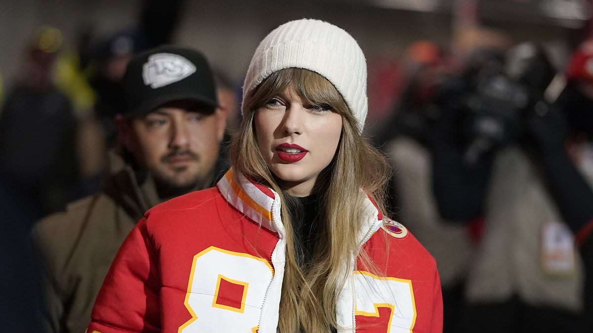 Taylor Swift sits next to Travis Kelce's mom Donna in her custom Chiefs puffer jacket as she watches her boyfriend in the NFL playoffs amid reports they had a blazing row over Christmas