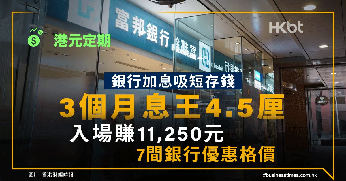 港元定期｜銀行加息吸短存錢：3個月息王4.5厘、入場賺11,250元