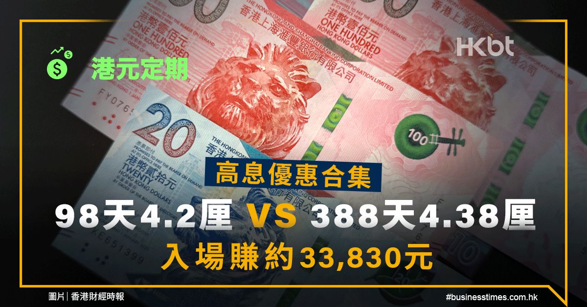 港元定期｜高息優惠：98天4.2厘鬥388天4.38厘！入場賺逾3萬元