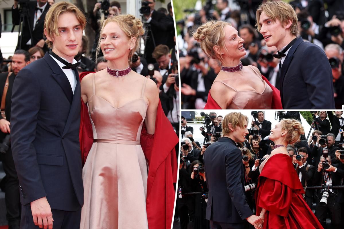 Uma Thurman poses with son Levon on Cannes Film Festival 2023 red carpet