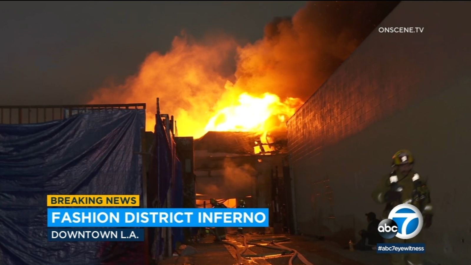 Fire tears through roof of commercial building in downtown Los Angeles