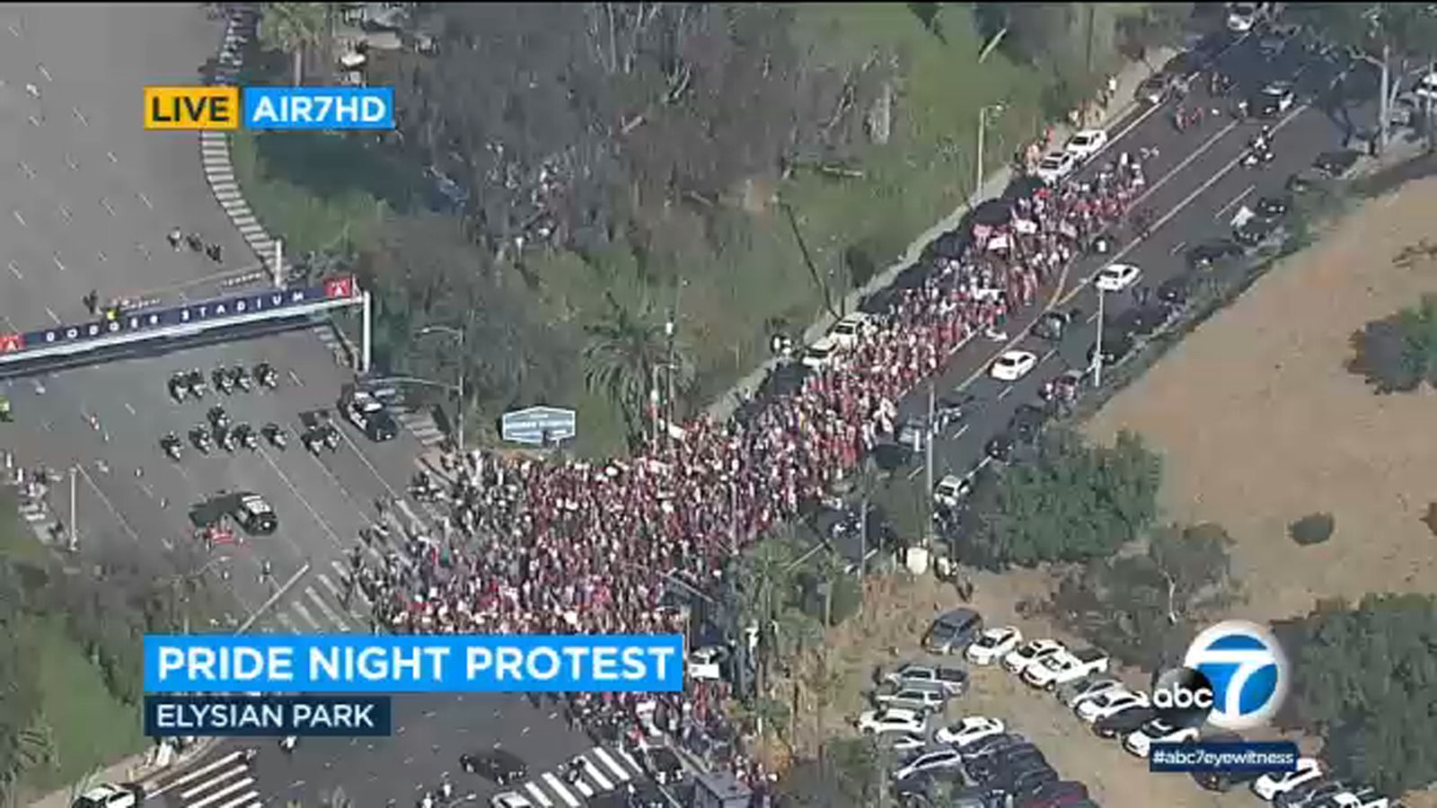 Catholic protesters gather, march outside Dodger Stadium in opposition to Pride Night