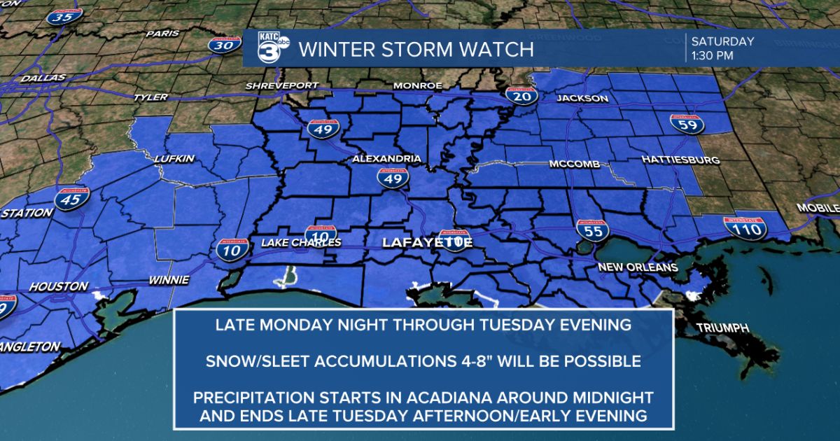 Historic winter storm for Acadiana into Tuesday