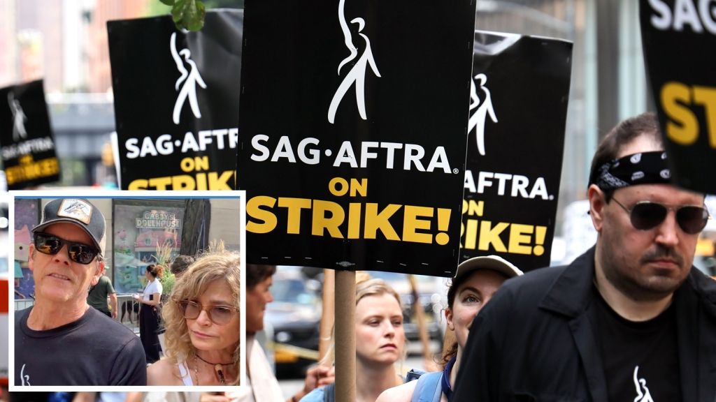 Actors Strike Pickets In Manhattan: Kevin Bacon, Kyra Sedgwick, Kal Penn, Others