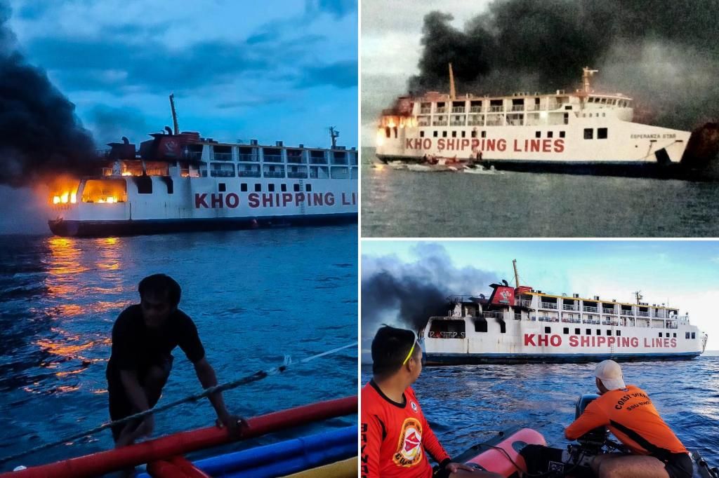 Philippine coast guard rescue 120 people from flaming ferry