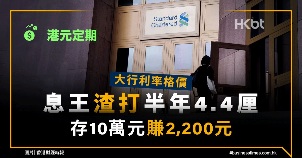 港元定期｜大行息率格價：渣打半年4.4厘、存10萬元賺2,200元