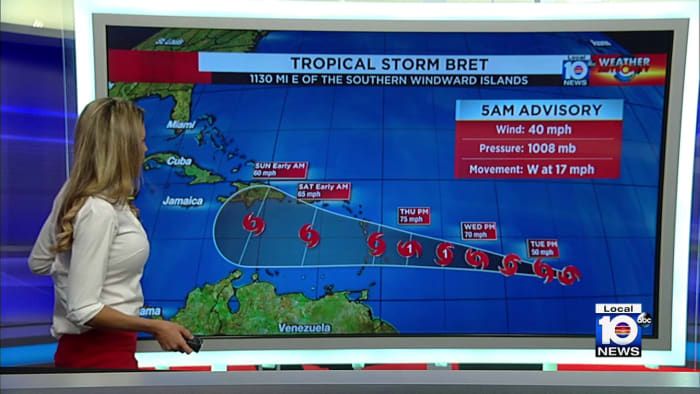 Tropical Storm Bret expected to strengthen as it continues westward