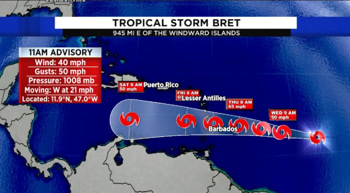 Tropical Storm Bret moving closer to the Lesser Antilles