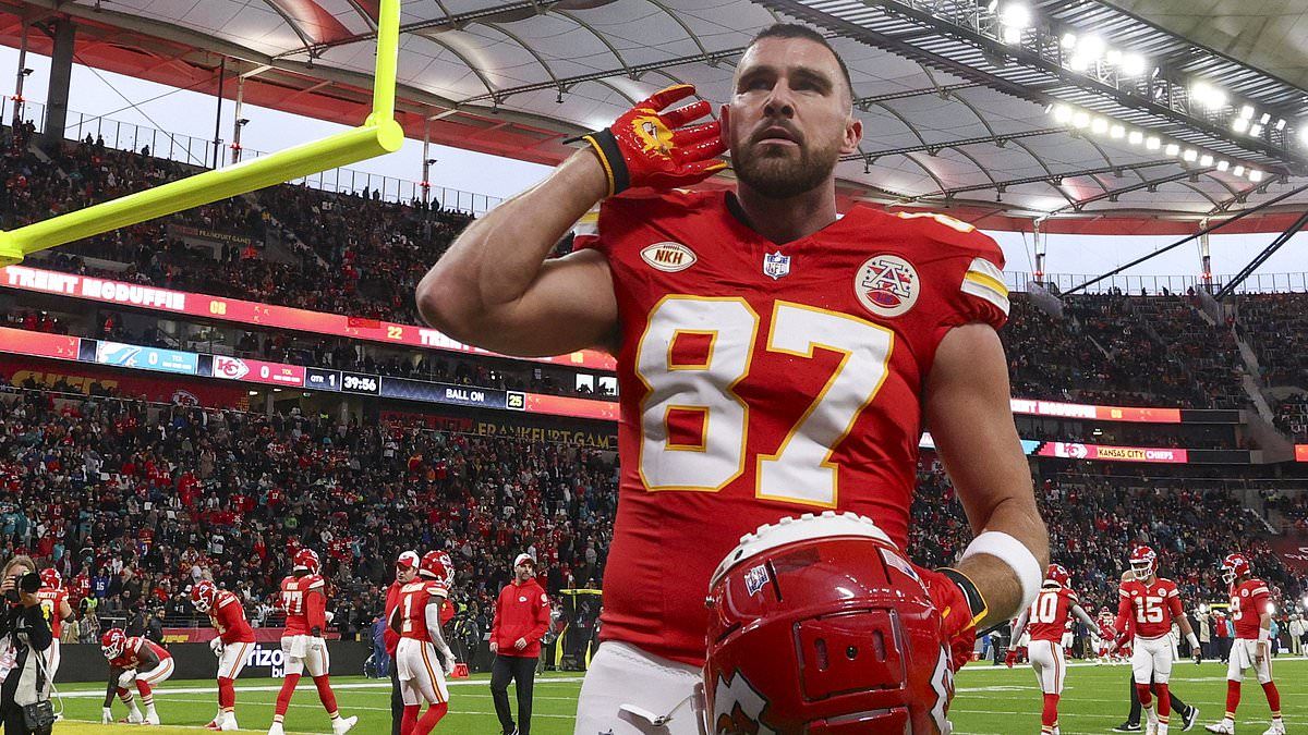 Travis Kelce arrives at Arrowhead Stadium to take on brother Jason and the Philadelphia Eagles in the Chiefs' Super Bowl rematch - but the tight end will have to perform without girlfriend Taylor Swif