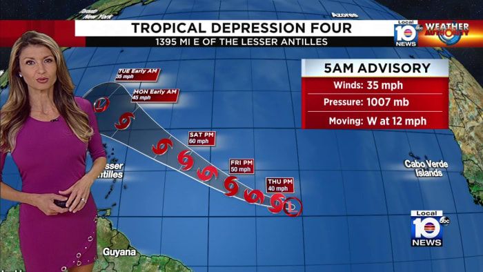 Tropical Depression 4 forms in central Atlantic; Bret poised to bring strong winds, rains to portions of Leeward Islands