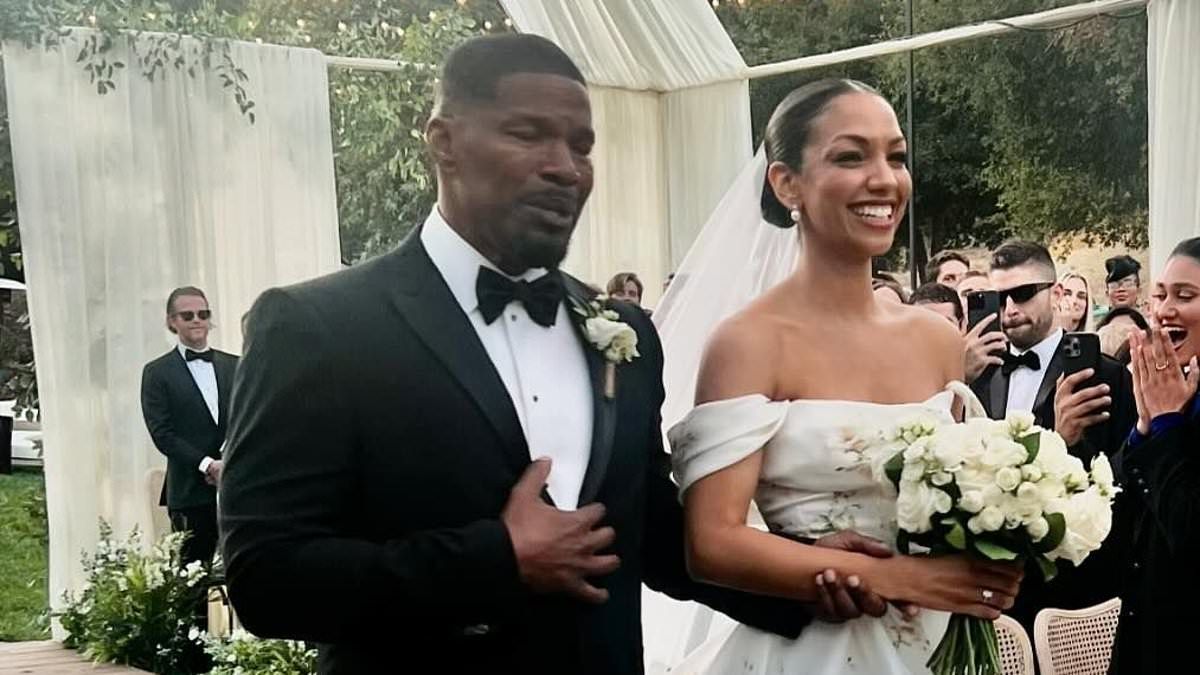 Jamie Foxx's daughter Corrine ties the knot with Joe Hooten in lavish ceremony - as proud father walks his daughter down the aisle over a year after being hospitalized