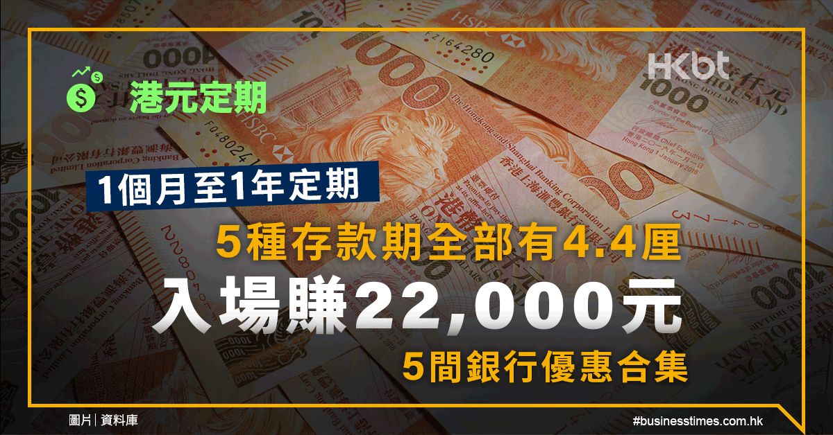 港元定期｜1個月至1年定期：5種存款期全部4.4厘、賺22,000元