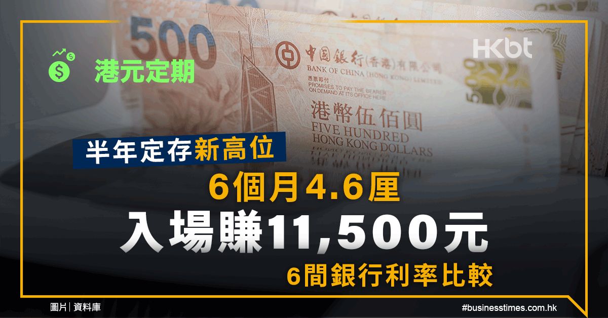 港元定期｜半年定存新高位：6個月4.6厘、入場賺11,500元