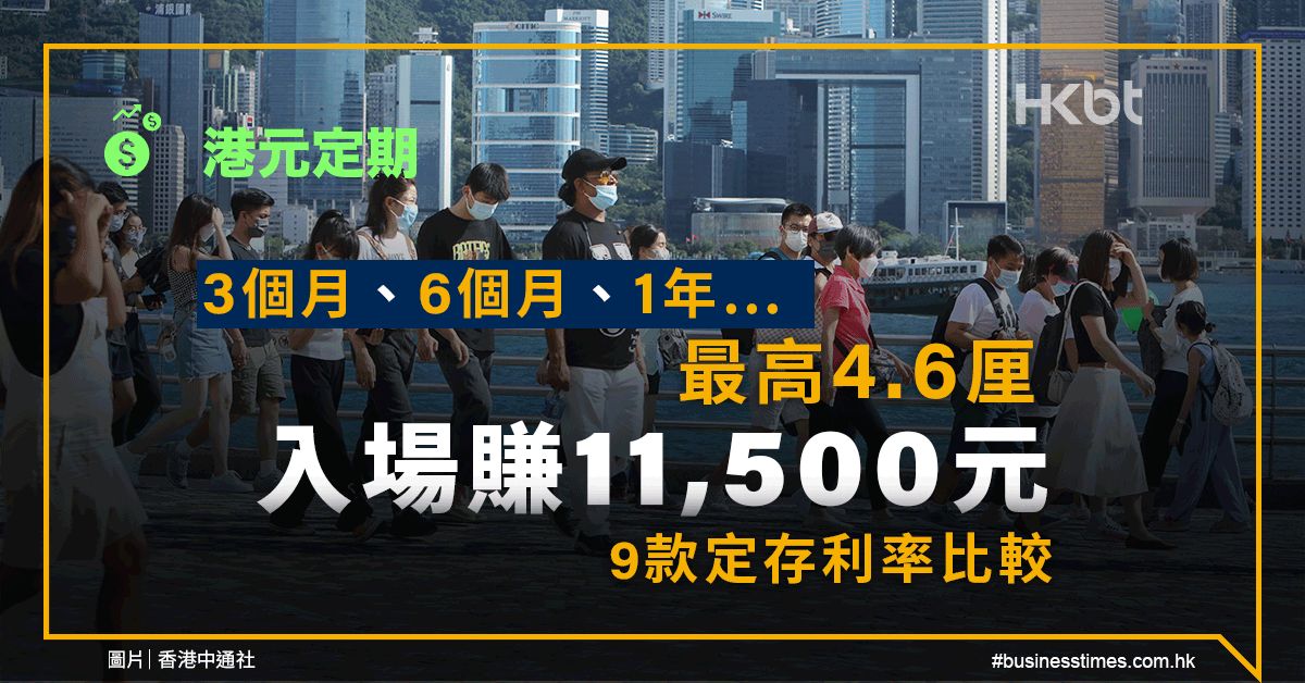 港元定期｜9款港元定存利率比較：最高4.6厘、入場賺11,500元