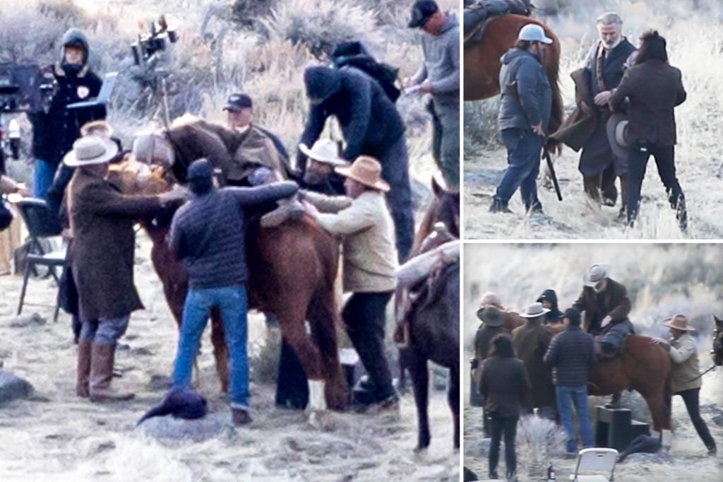 Alec Baldwin gets help from 6 crew members mounting horse on 'Rust' set