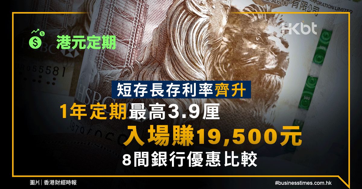 港元定期｜長短存利率齊升！1年定期最高3.9厘、入場賺19500元