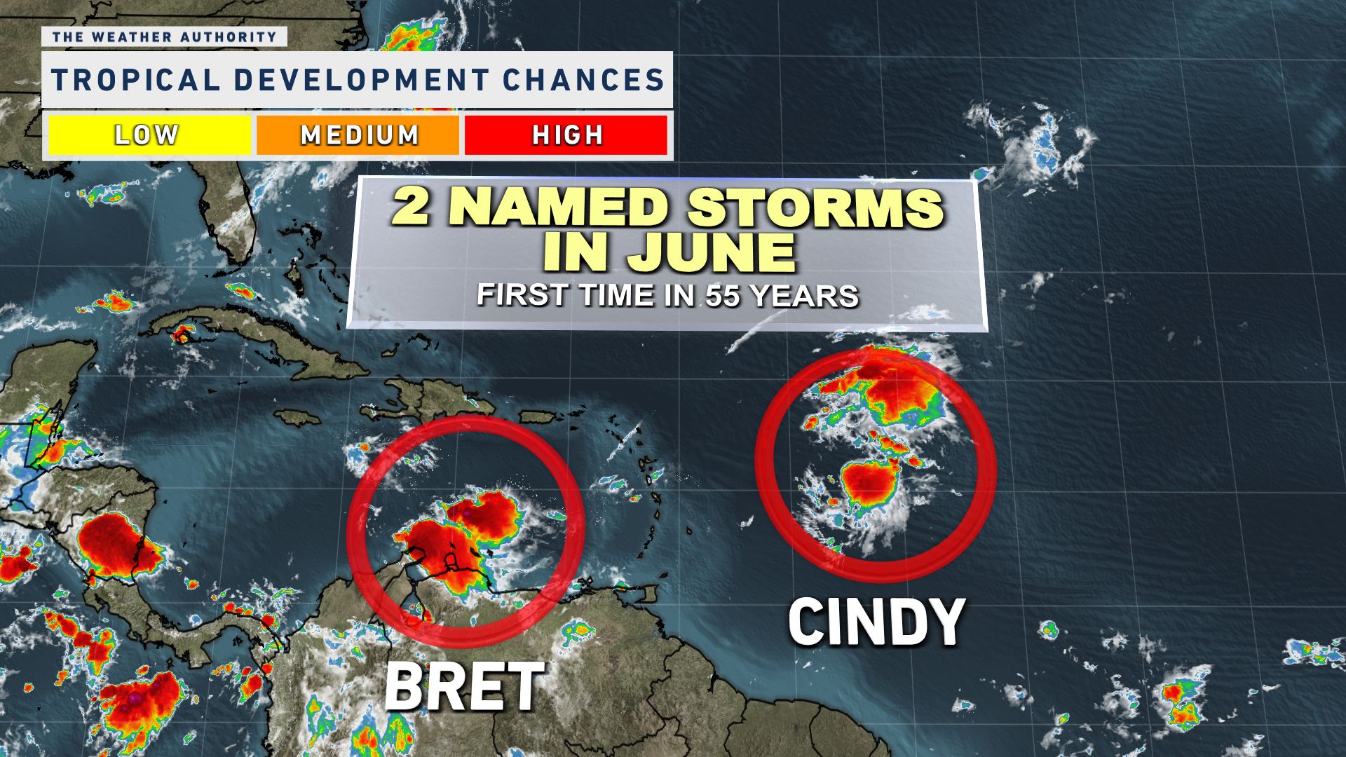 Tropical Storm Cindy and Bret moving west