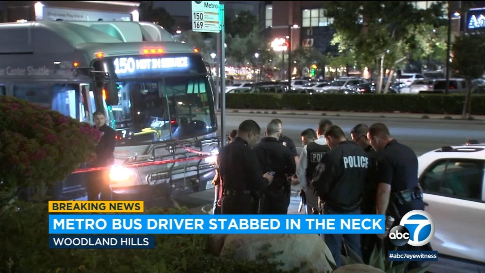 Metro bus driver hospitalized after being stabbed in neck in Woodland Hills; suspect at large