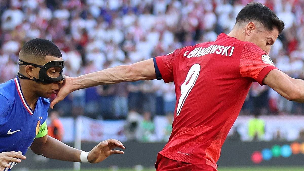 Kylian Mbappe appears to call Robert Lewandowski a 'son of a b***h' after colliding with future El Clasico rival at Euro 2024... leaving the France captain in agony amid broken nose