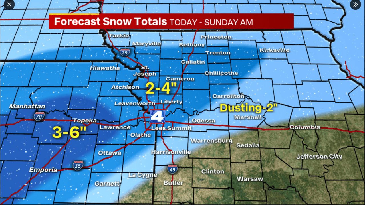 Snow road conditions in Kansas, Missouri