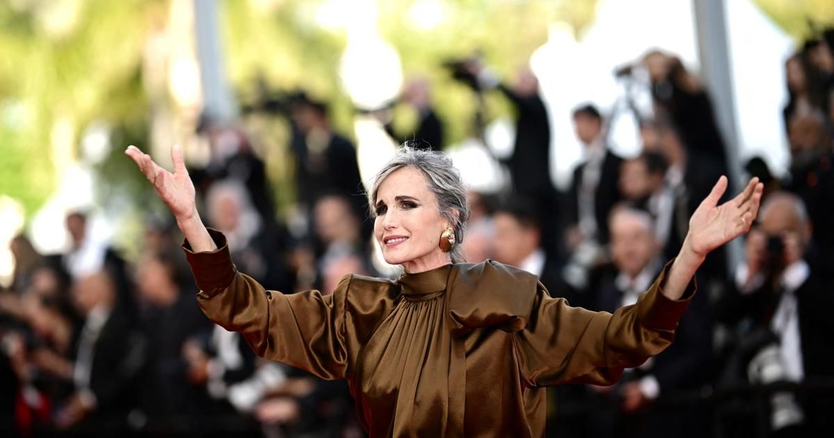 Chignon gris et robe satinée marron : l'élégance absolue d'Andie MacDowell à Cannes