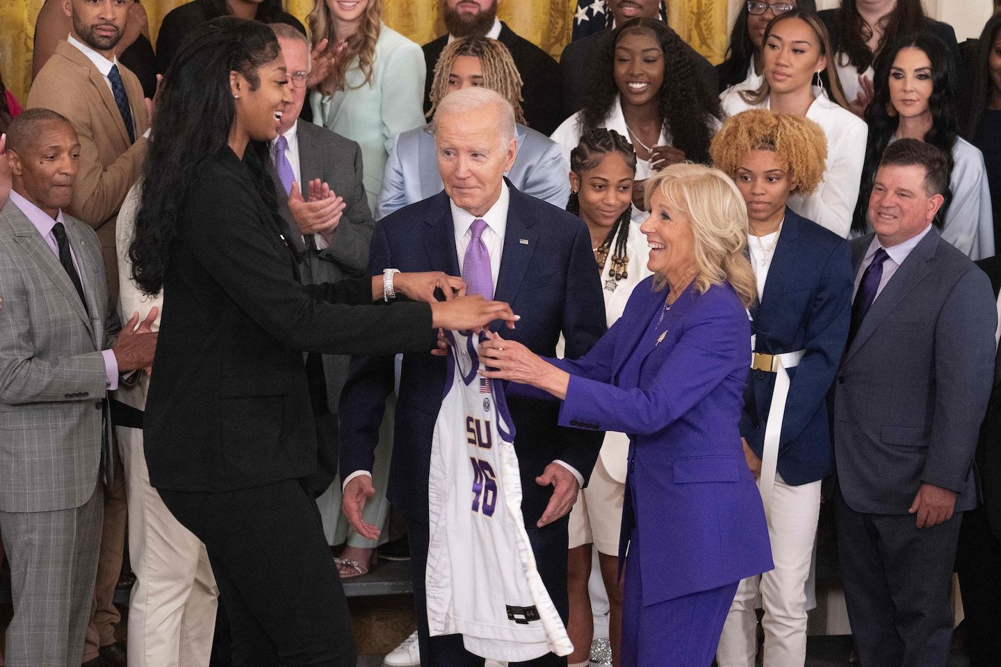 Angel Reese helps Jill Biden out of foul trouble