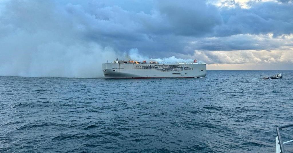 Ship carrying 3,000 cars burns off Dutch coast, one dead