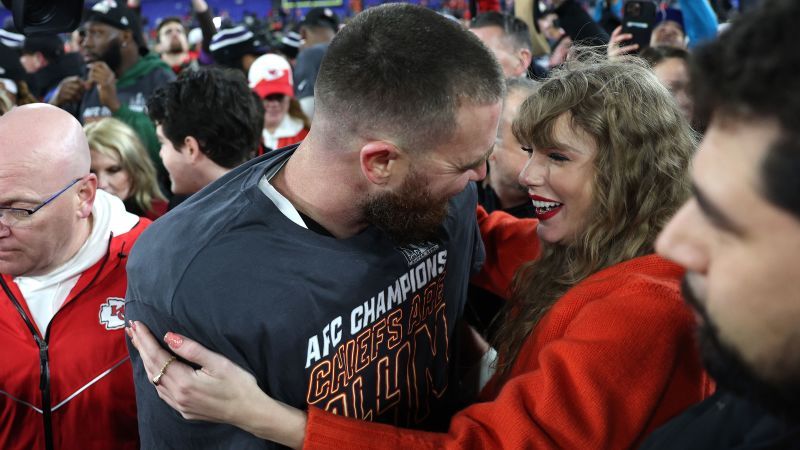 Taylor Swift celebrates with Travis Kelce as the Chiefs advance to Super Bowl