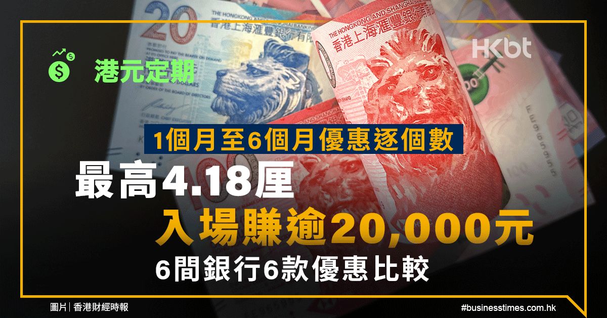 港元定期｜1個月至6個月優惠逐個數：最高4.18厘、入場賺2萬元