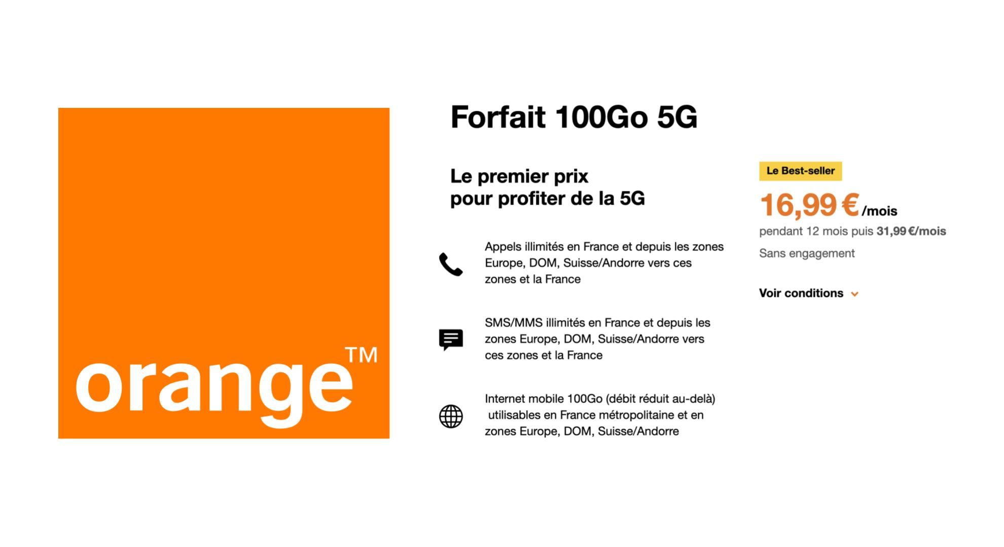 Orange propose un best-seller avec son forfait mobile 5G de 100 Go à 16,99 €/mois