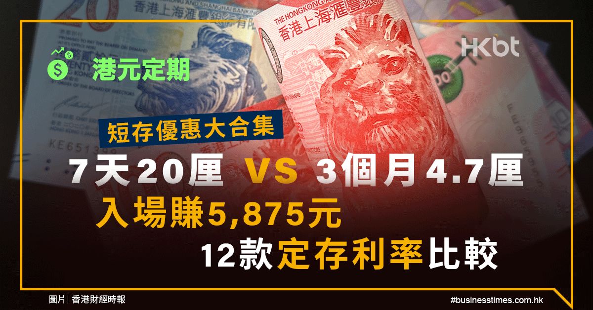 港元定期｜12款定存比較：7天20厘鬥3個月4.7厘、速賺5,875元