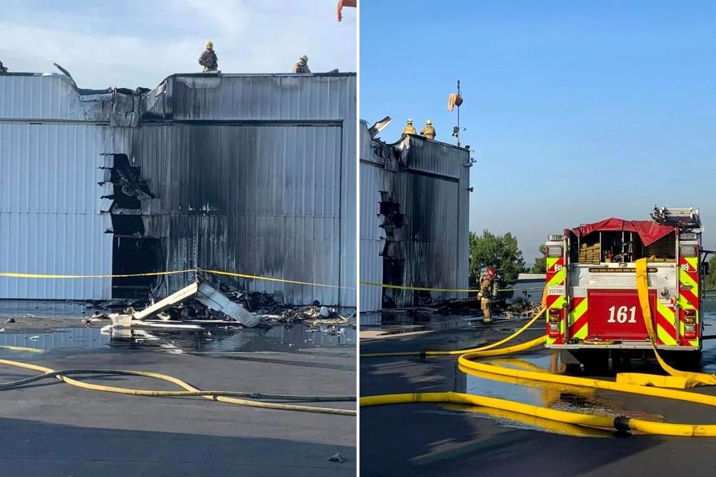 3 killed after small plane crashes into hangar at California airport, catches fire